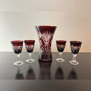 A 5 piece group of Bohemian Dark Ruby Red, Cut to Clear Vase & sherry glasses
